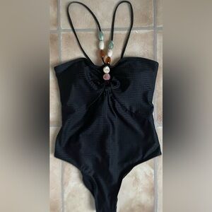BLACK 1960S SOLID TEXTURED BANDEAU HALTER SWIMSUIT, STONE DETAIL; L